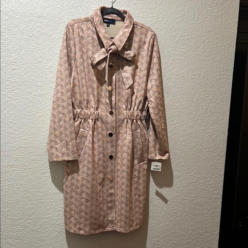 Pink and Gold Button-Up Coat/Dress with Bow Tie Neck XL - NWT